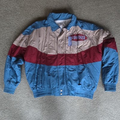 Budweiser Colorblock Men's Bomber Jacket Blue Beige Red Embroidered Logo Snap