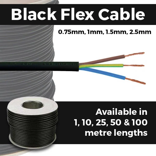 Black Flex Cable 2 Core - 7 Core Round Electrical Cable 0.75mm - 2.5mm 240V
