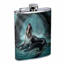 Mermaid D4 Flask 8oz Stainless Steel Mythological Aquatic Creature Folklore  