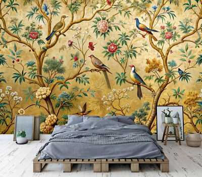 Frühling Blumen Vögel Vintage Kunst Tapete Wandbild abnehmbar abwaschbar abziehen & kleben