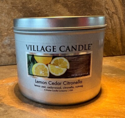 Village Candle LEMON CEDAR CITRONELLA Nutmeg 2 Wick Candle 13 fl oz Tin  NEW!!