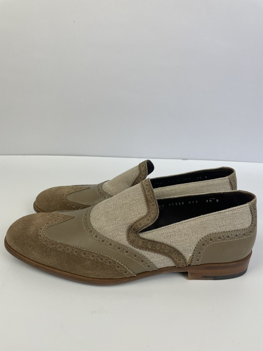 Salvatore Ferragamo Beige Brogue Mixed Media Leather Slip On Loafers Salvatore Ferragamo Mixed Media Beige Loafer Men main image 2