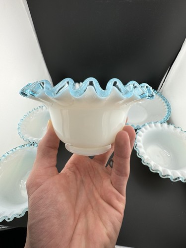 Vtg Fenton Art Glass Set Of 7 Aqua Crest HTF Various Sizes Bowls - Picture 5 of 18