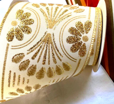 Christmas Glitter Gold on Ivory 4'' by 2 yds Metallic Gold Art Deco Wired Ribbon