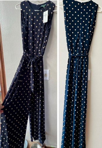 LRL Ralph Lauren Navy W/Tan Polka Dot Stretch Jersey Jumpsuit Romper Size 12~NWT - Picture 2 of 7