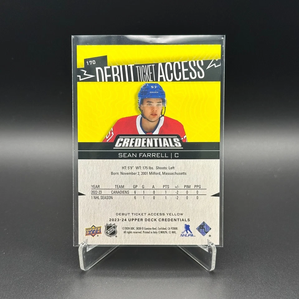 2023-24 UD Credentials SEAN FARRELL #170 Debut Ticket Access Yellow RC - Image 2 of 4
