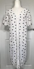 M&S Collection Linen Blend White Navy Polka Dot Dress Short Sleeve Size UK 12