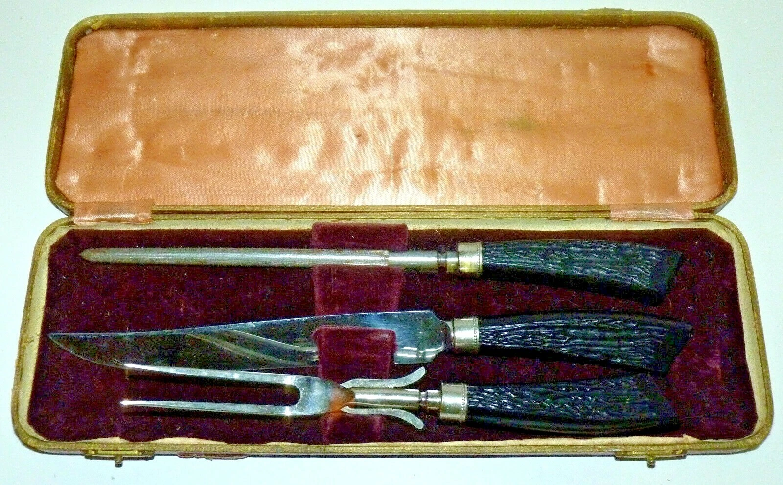 Vintage Handle Knife Fork Honing Steel Meat Carving Set Royal in Box High Carbon