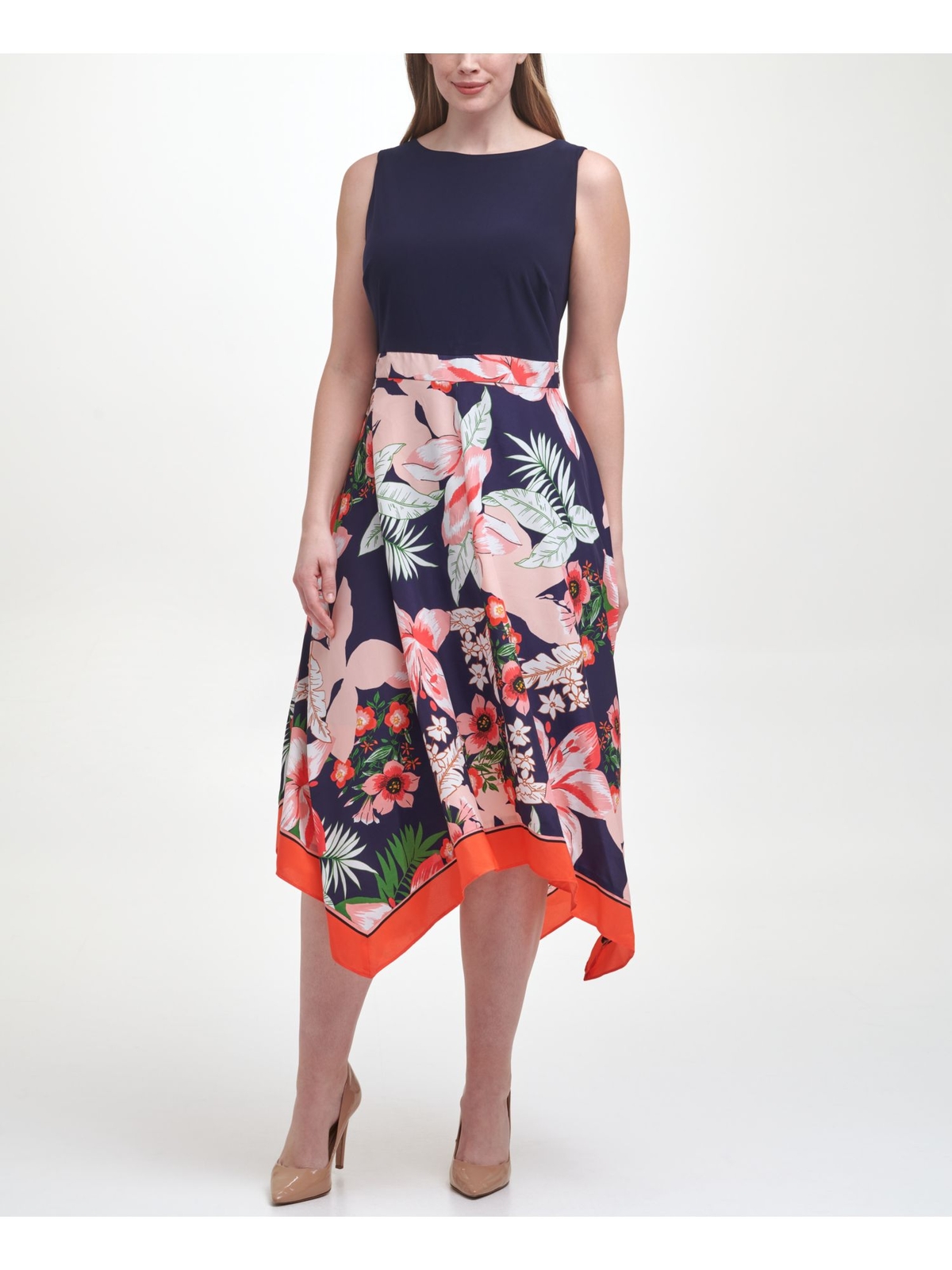 VINCE CAMUTO Womens Navy Jersey-knit Asymmetrical-hem Midi Dress Plus 20W