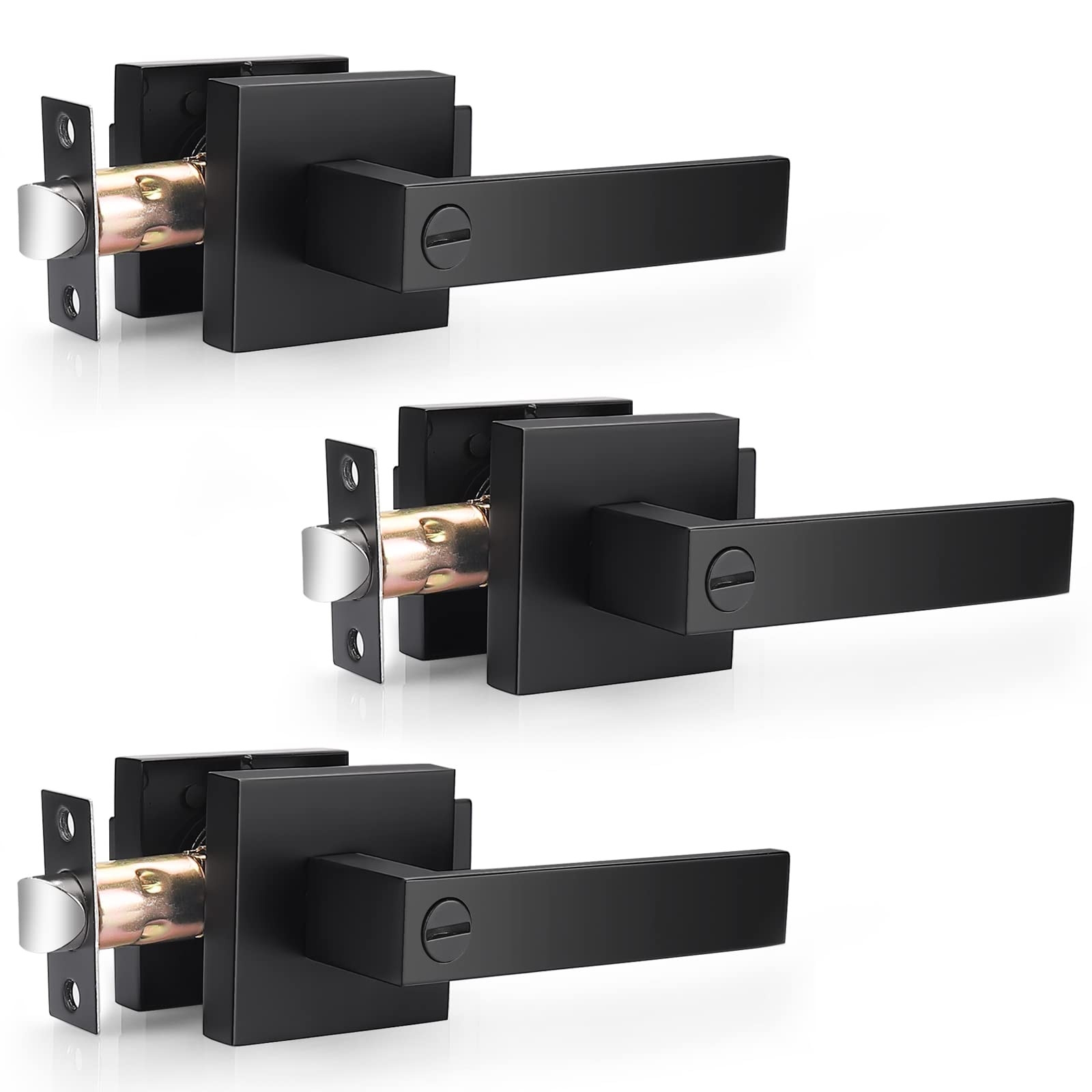3 Pack| Matte Black Square Privacy Door Levers Heady Duty Interior Door Handl...
