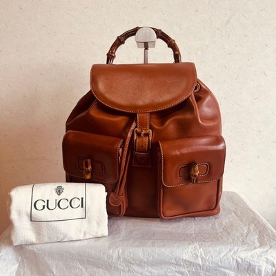GUCCI Bamboo Leather Backpack Brown Near Mint Authentic with Bag Tag From Japan