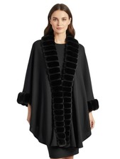 Elegant Black Faux Fur Trim Cape Poncho Luxe Draped Wrap L