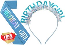 Papoopy Birthday Tiara Headband Crown with Sash for Women