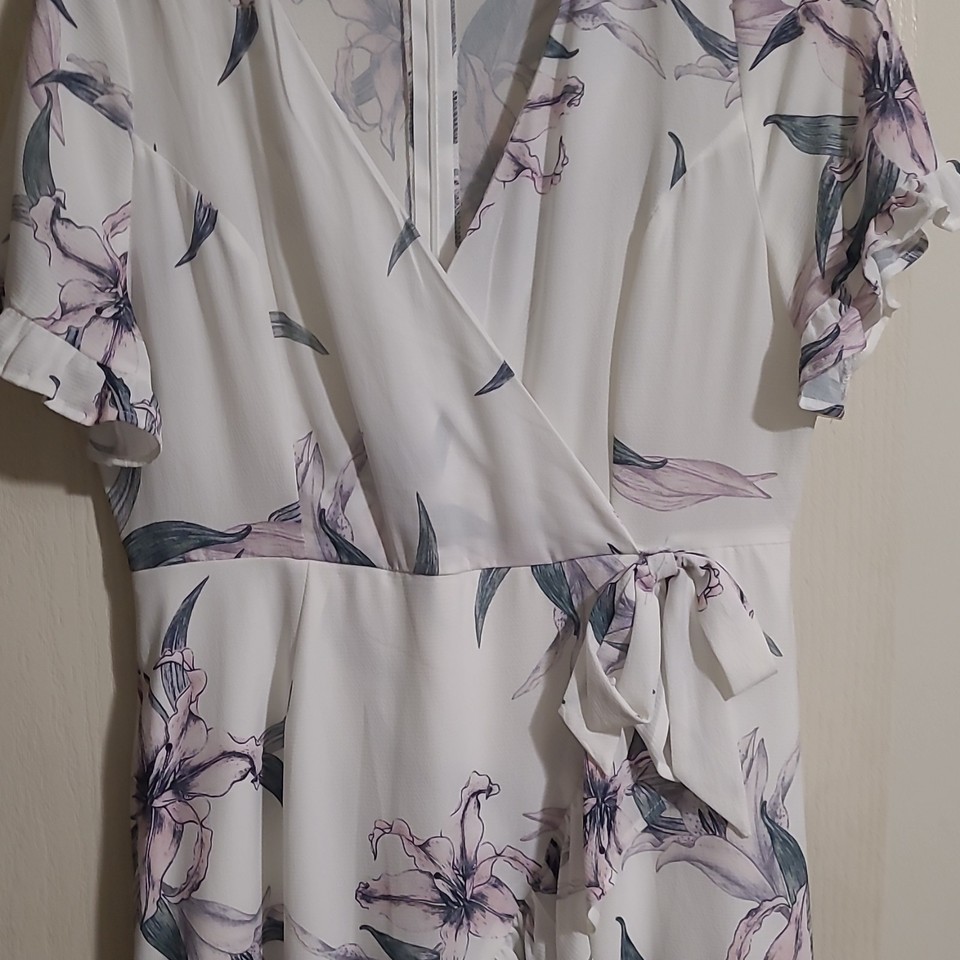 Ally Fashion White Floral V-Neck Flutter Sleeve Wrap Midi Dress Womens 14