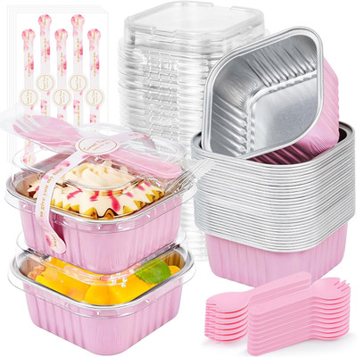 25Pcs Mini Cake Pans with Lids,  5Oz/150Ml Mini Loaf Pans with Lids Spoons Alumi