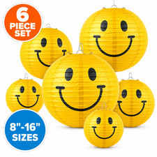 Yellow Smile Happy Face Paper Lanterns 6 Pc 8-16 In Retro Party Hanging Decor