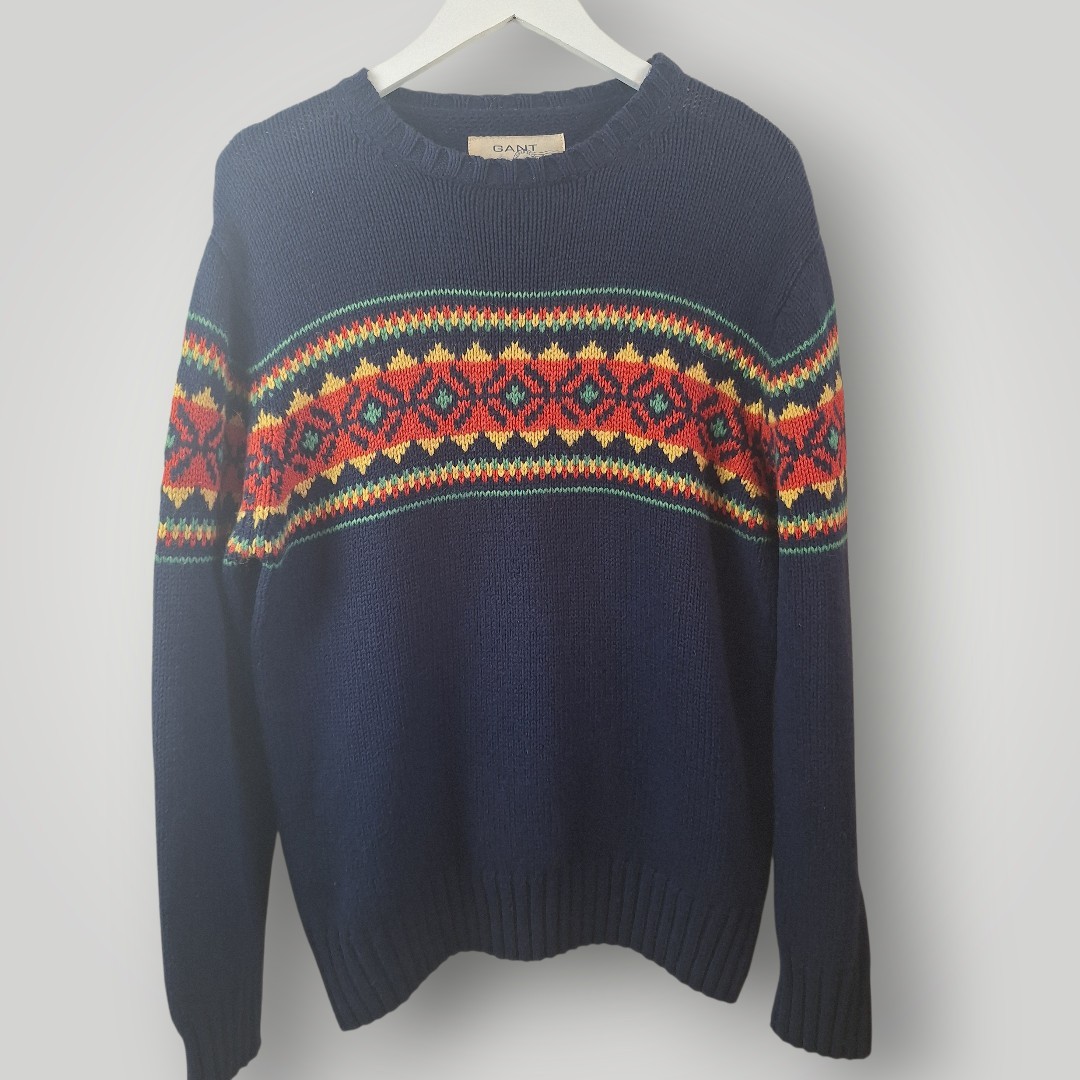 Gant Navy Fair Isle Sweater Jumper Alpaca Wool Knit Crew Neck Men's Large