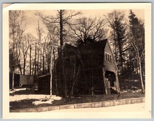 Vtg B&W Snapshot Rustic Cabin In Snowy Forest Setting 1940s
