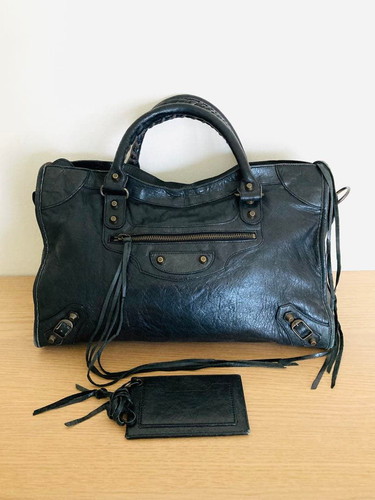 Balenciaga The City Black Leather 2Way Handbag Shoulder Bag w/ Mirror