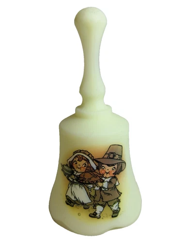 FENTON Custard Satin Glass Bell - 1984 Campbell Soup Kids, Pilgrims Thanksgiving