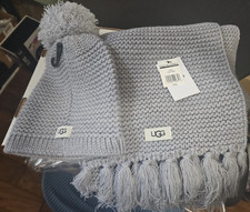Ugg Gray Knit Winter Hat  Fringed Scarf New with Tags