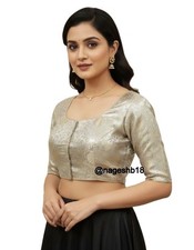 Readymade Women's Saree Blouse, Designer Light Gray Banarasi Silk Sari Blouse