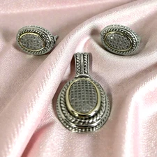 OVAL CZ MICRO PAVE Setting Pendant and Earrings Jewelry Set Silver Plated