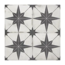 Peel & Stick SPC Vinyl Flooring - Black Star Encaustic Pattern, 9x9In, 16 Til...