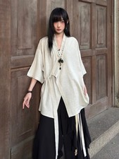 Summer Top Women's New Chinese Taoist Robe Strap Loose Short Sleeve Shirts Coat