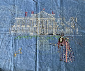 Embroidery with Some Stitching Stamped Victorian Scene Blue Linen 21 x 29 1/2