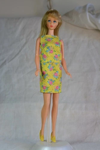 Vintage Barbie Clone Yellow Rose Print Dress w Shoes, Hong Kong 60s