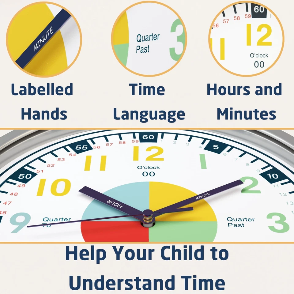 Reloj para niños, relojes analógicos sin tictac para aprender a decir la hora, enseñar clo... Foto 2 de 4