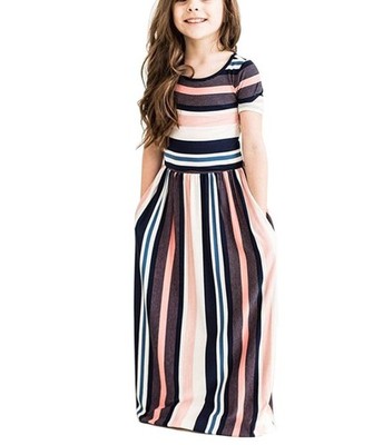 Girls Short Sleeve Strips Print Dresses Loose Casual Summer Holiday Long Maxi...