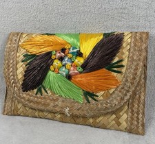 Vintage Woven Straw Envelope Clutch Colorful Raffia Tassel Beaded Boho Bag