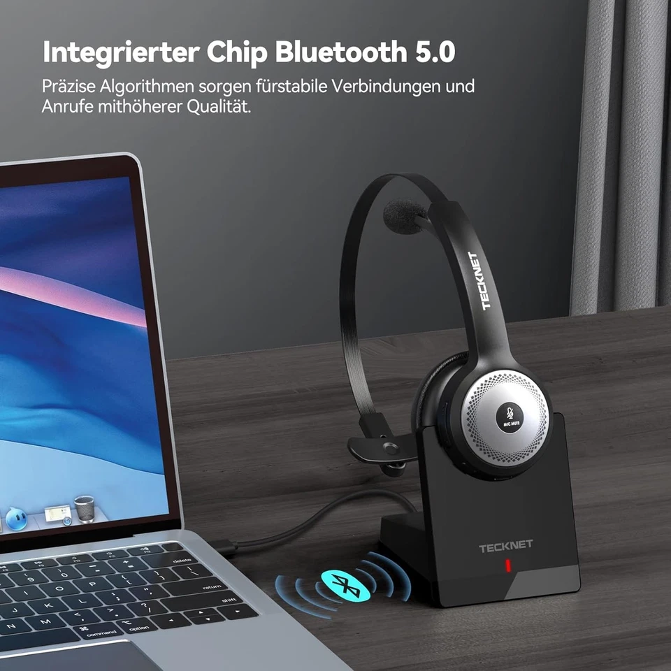 Bluetooth Headset mit Ladestation Geräuschunterdrückung Mute PC Telefon - Bild 4 von 4