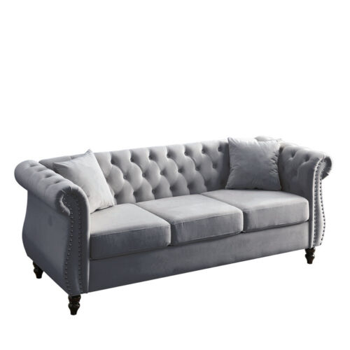 Chesterfield 3 Seater Sofa Grey Velvet Tufted Couch with Rolled Arms & Nailhead - Picture 15 of 18