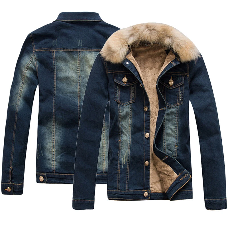 Mens denim jacket top with faux fur collar