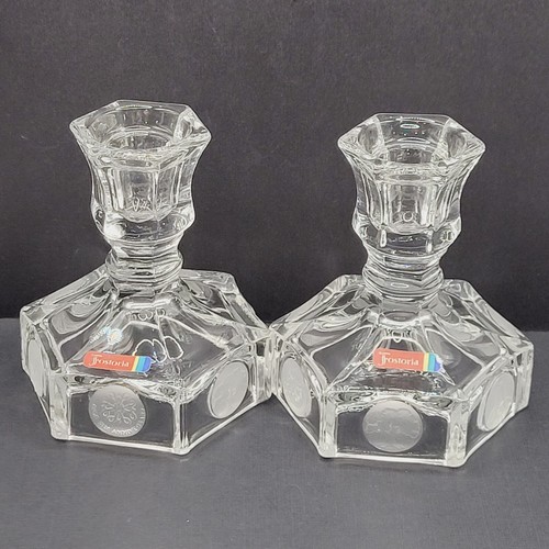 FOSTORIA GLASS Clear TAPER Frosted Liberty Coin 1886 Vintage CANDLESTICKS - Picture 24 of 24