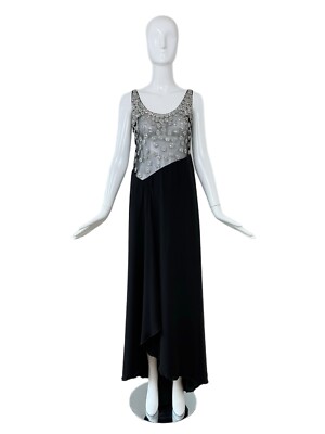 VALENTINO 2000 Vintage Black Silk Silver Embellishments Evening Gown  Maxi