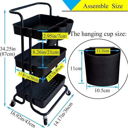 Elegant 3-Tier Rolling Utility Cart with Hanging Holders - Perfect for Any Space - Picture 4 of 9