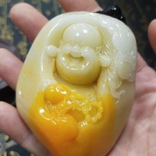 Carved Maitreya Buddha Handheld Figurine Yellow Resin Wealth Amulet Ornament