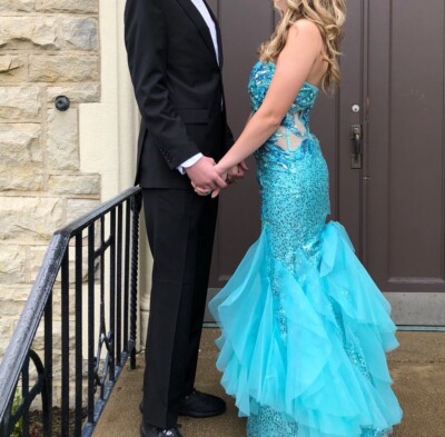 women's blue prom dresses Zapaka Women Corset Blue Strapless A Line Prom Dress with Slit Sequins  Sparkly Party Dress
