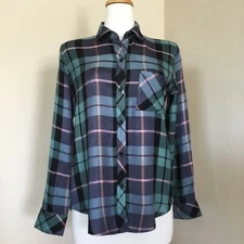 Rails Women’s “Hunter” Shirt Plaid Button Front Teal Navy Blue Pink Size S