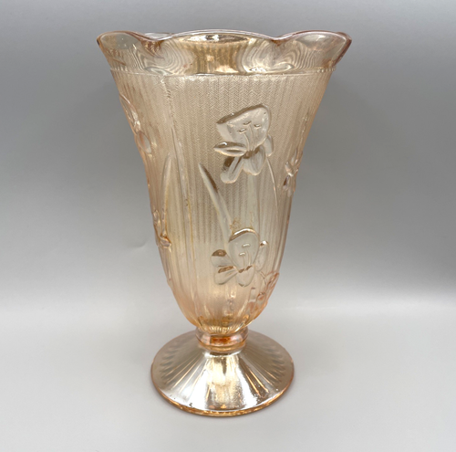 VTG Jeannette Marigold Carnival Glass Footed Vase 9" Iris Herringbone Pedestal - Picture 2 of 10