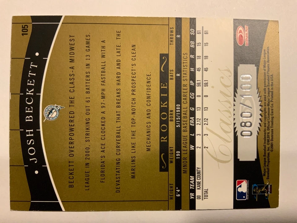 2001 Donruss Classics Timeless Tributes Josh Beckett Rookie SP /100 Card #105 - Image 4 of 4