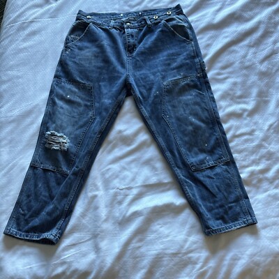 MDNS Madness Jeans Double Knee Faded Painted Distressed Suspenders Large