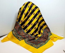 Vintage Yellow, Black Turquoise Paisley Silk Scarf 31x31"