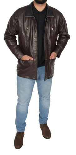Mens Parka Real Leather Jacket Brown Overcoat With Black Trim Classic Car Coat - Picture 3 of 9