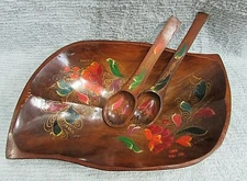 Vintage Hand Painted Floral Toleware Large Hand Carved Wood Salad Bowl Spoon Set