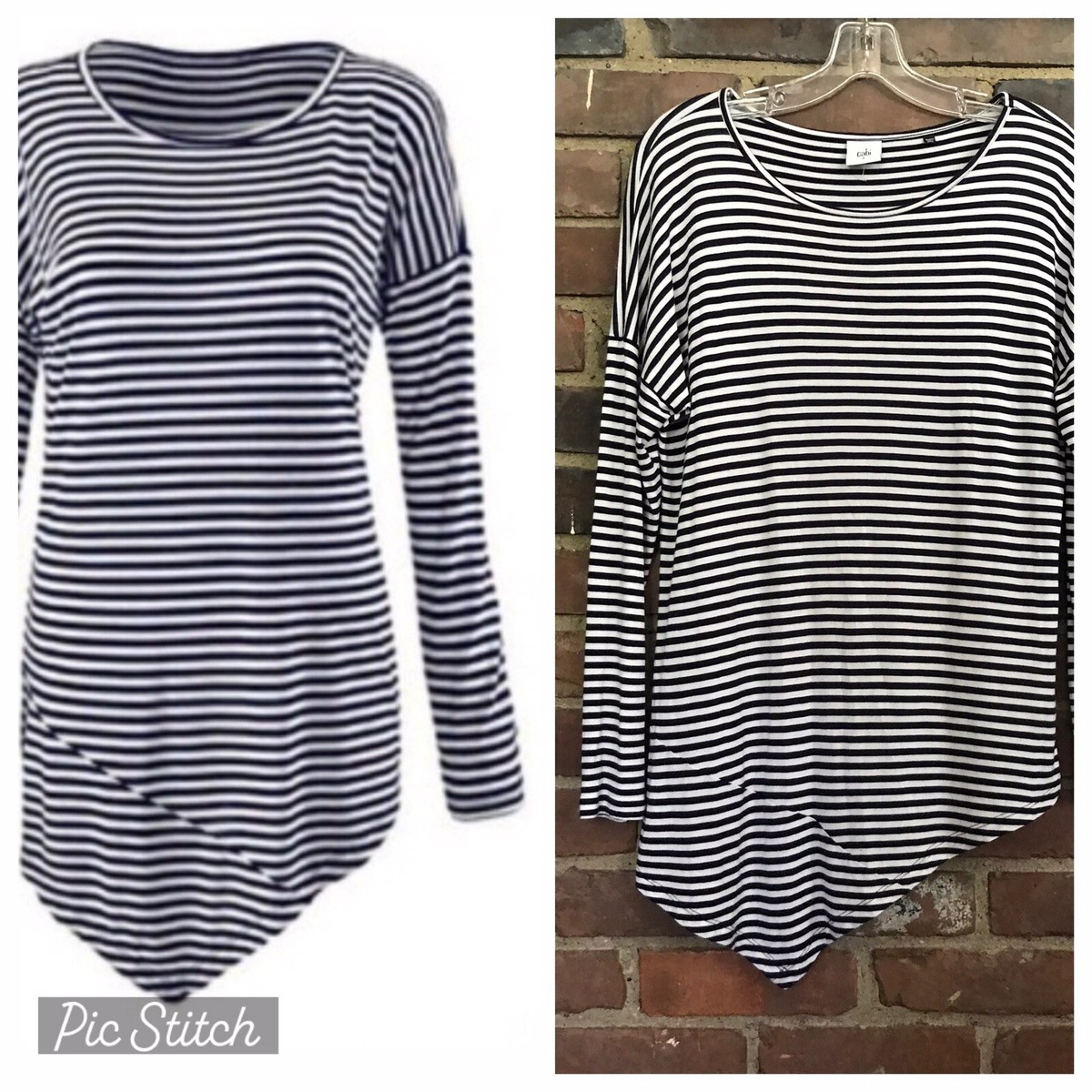 トップス Gail CAbi 5064 Striped Boat Tee Long Sleeve Asymmetrical Blue